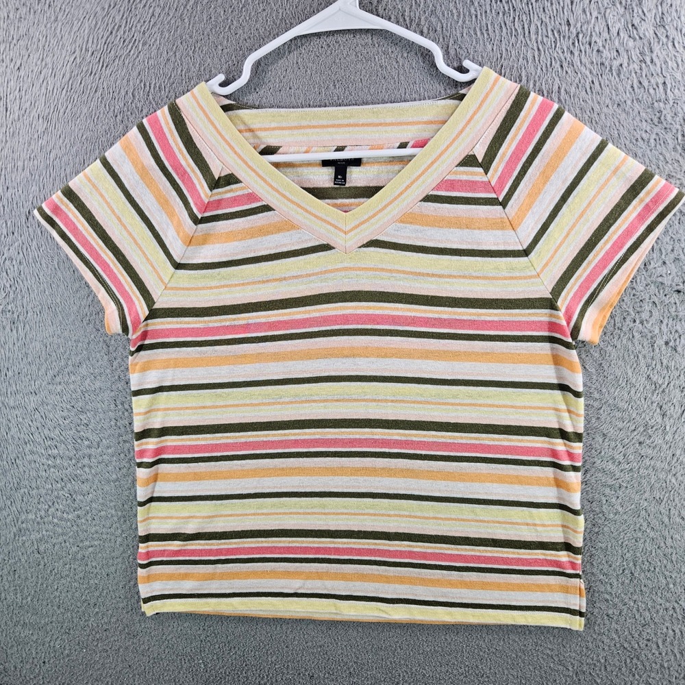 Talbots Petite Womens Medium Multi Color Striped Linen Blend V-Neck Top